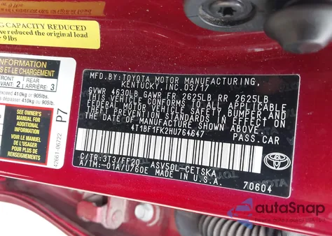 2017 Toyota Camry Se z USA, uszkodzony, nr VIN 4T1BF1FK2HU764647